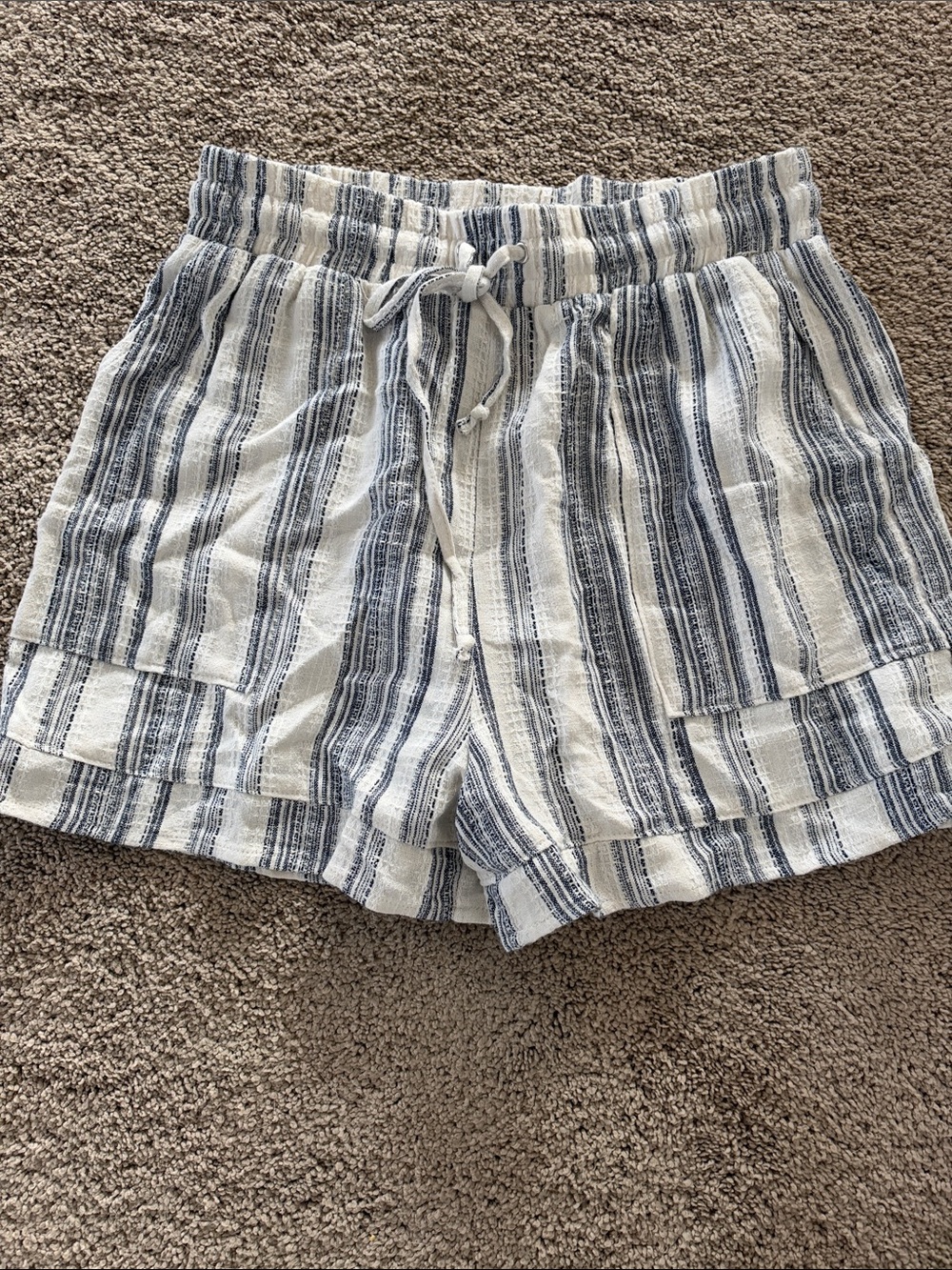Women's Blue and White Striped Drawstring Linen Shorts with pockets